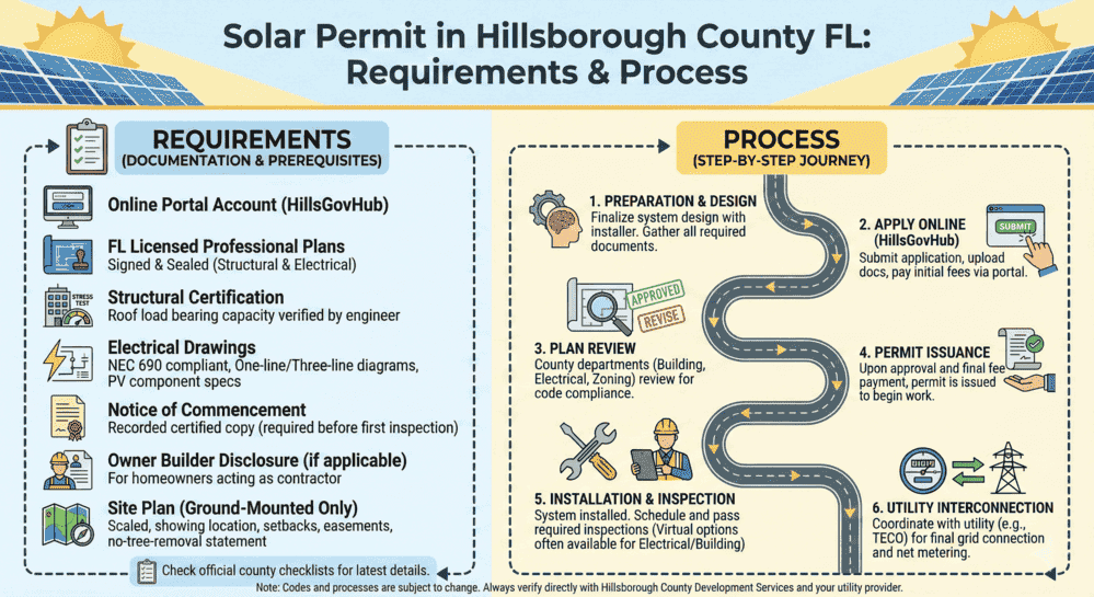 Hillsborough County FL solar permit requirements and step-by-step application process infographic