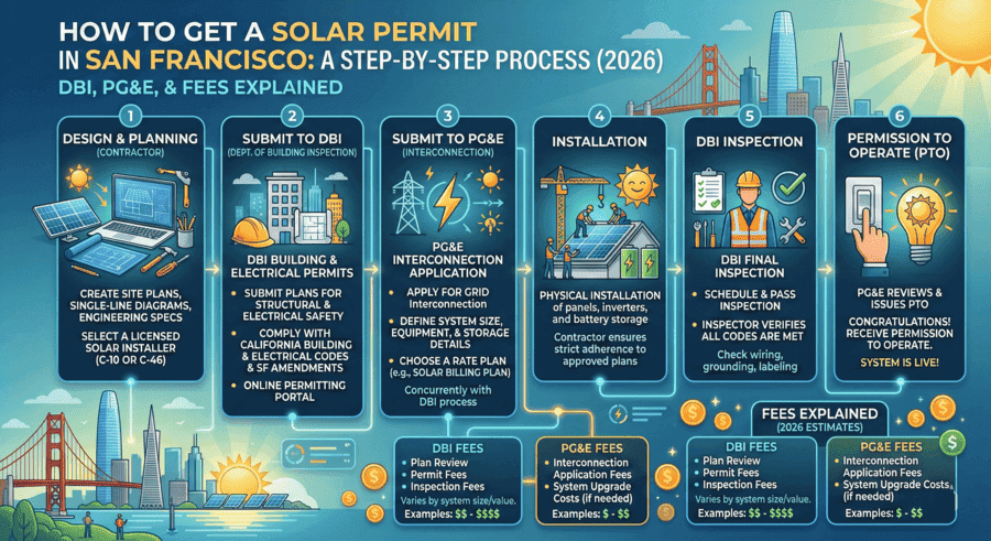 Step-by-step infographic on how to get a solar permit in San Francisco in 2026, covering DBI, PG&E interconnection, installation, inspection, and permission to operate.