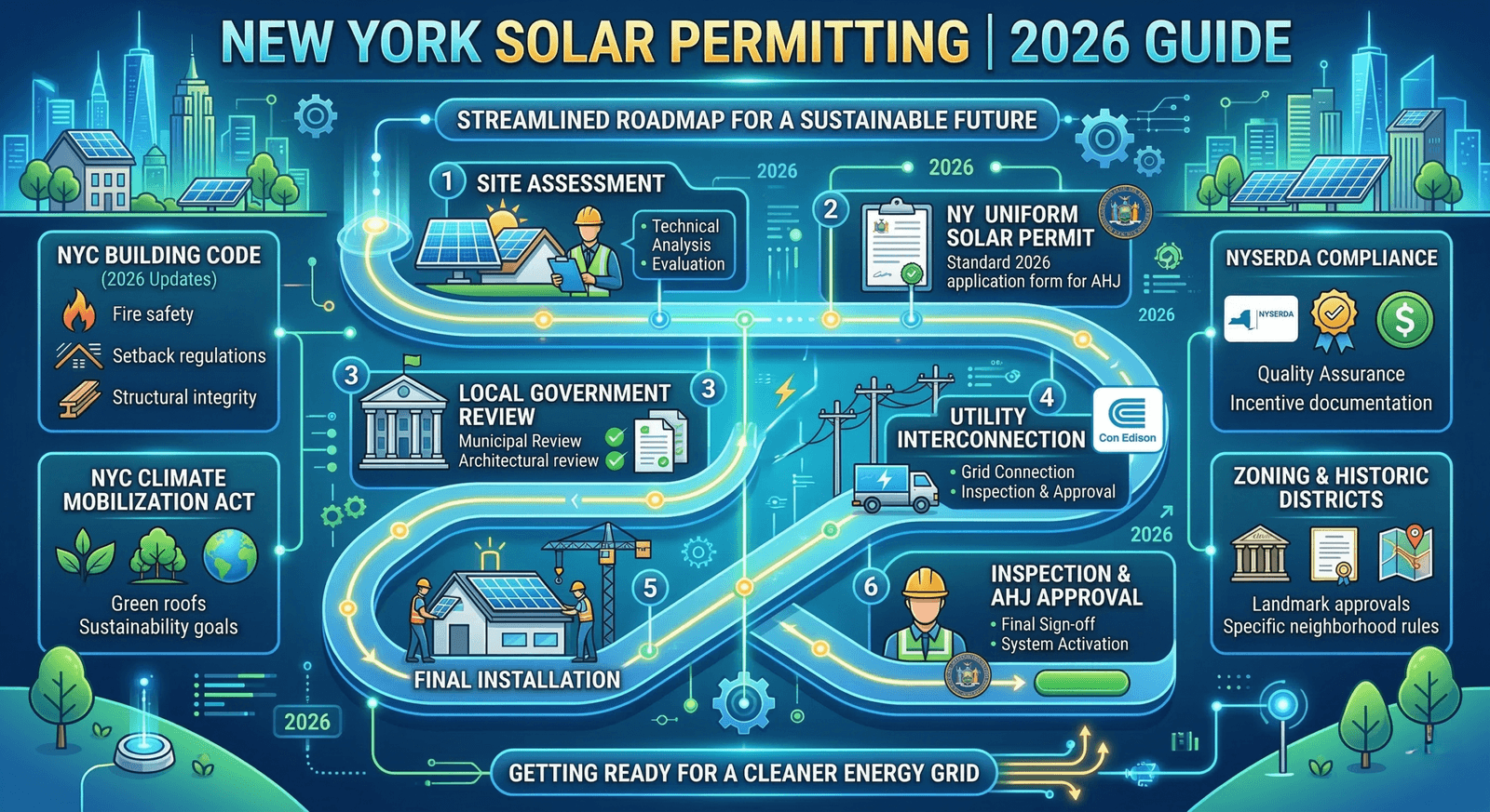 nfographic showing the six-step New York solar permitting process for 2026, including site assessment, unified permit application, local government review, utility interconnection, inspection, and AHJ approval.