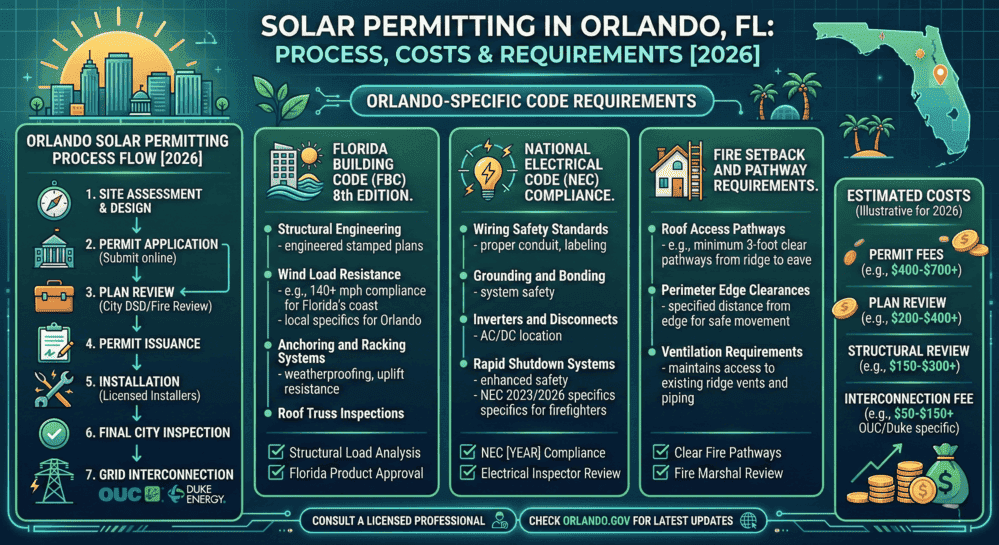 Infographic detailing the solar panel permitting process, Orlando-specific code requirements, and estimated costs in Orlando, FL for 2026.