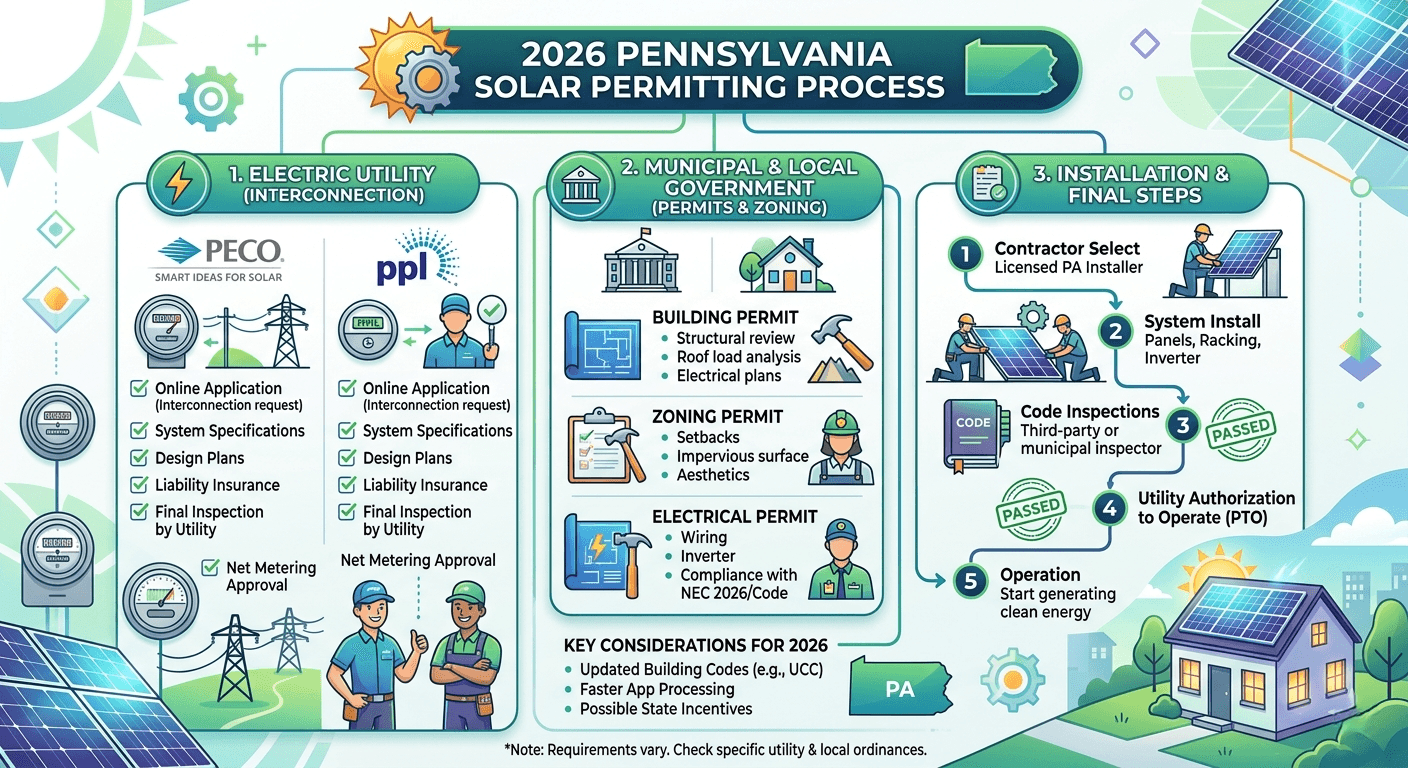 nfographic of the 2026 Pennsylvania solar permitting process covering utility interconnection, local permits, and installation steps.