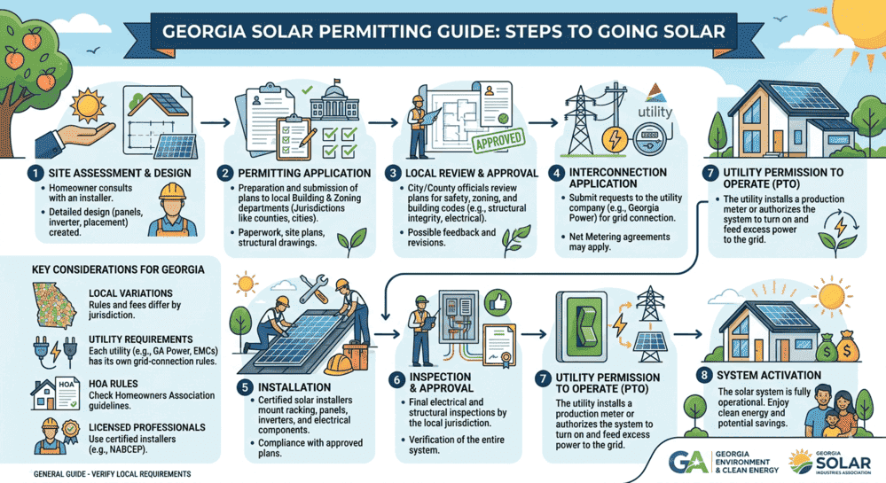 Georgia solar permitting guide infographic showing 8 steps from site assessment to system activation