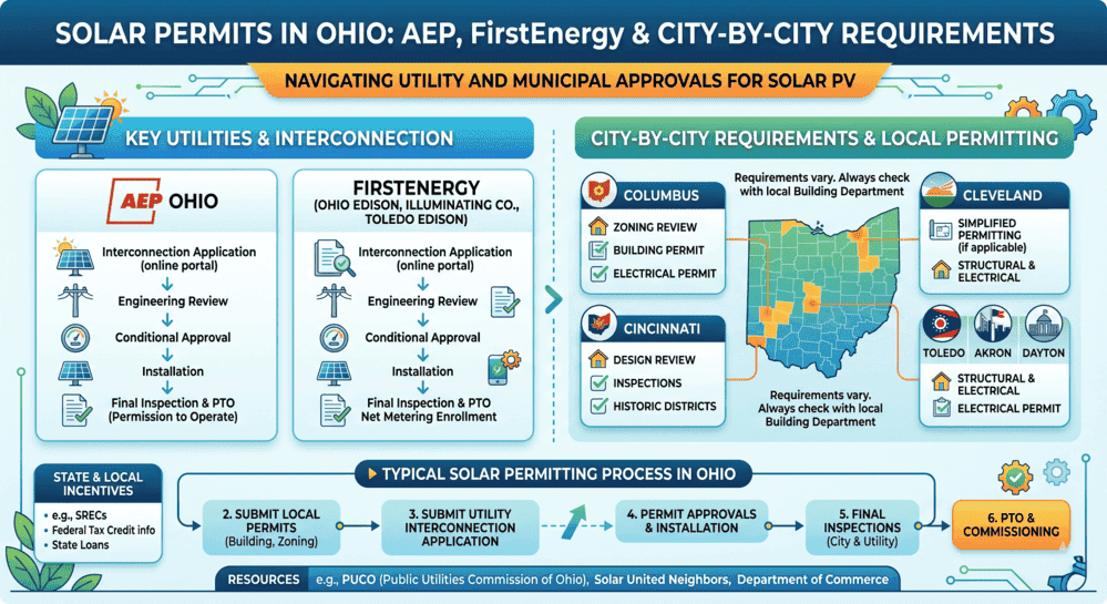 Infographic outlining Ohio solar permit requirements for AEP and FirstEnergy utilities, city-by-city permitting steps, and the typical solar permitting process from local permits to PTO.