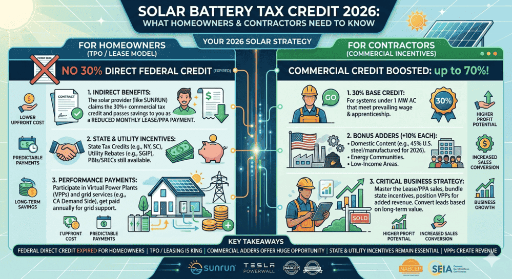Solar Battery Tax Credit 2026 infographic for homeowners and contractors covering federal credits, commercial incentives, and key solar strategies.