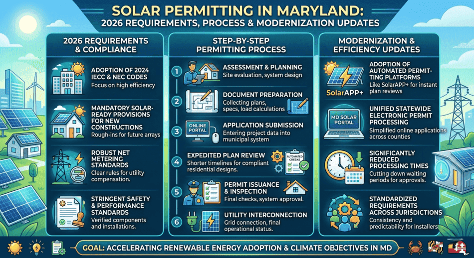 Infographic outlining Maryland's 2026 solar permitting requirements, step-by-step process, and modernization updates like automated platforms and faster approvals.