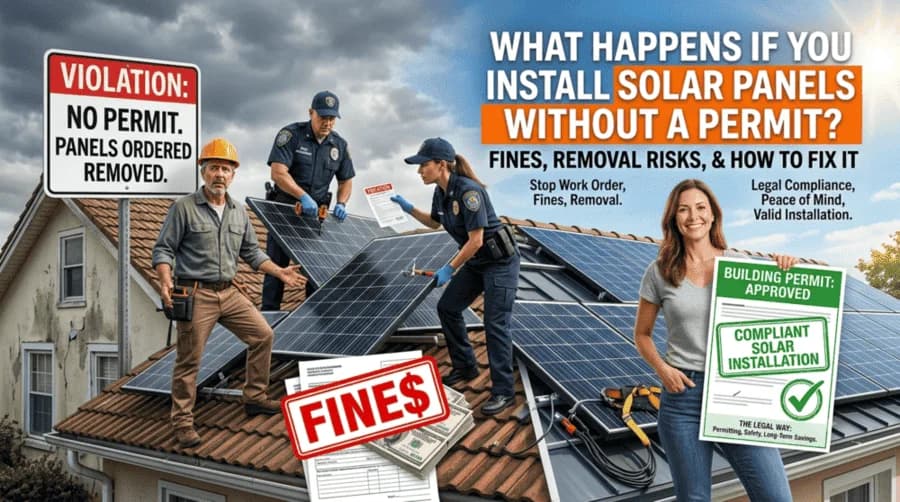 image showing consequences of installing solar panels without a permit, including violation signs, fines, and code enforcement officers removing panels from a roof, contrasted with a compliant solar installation approval.