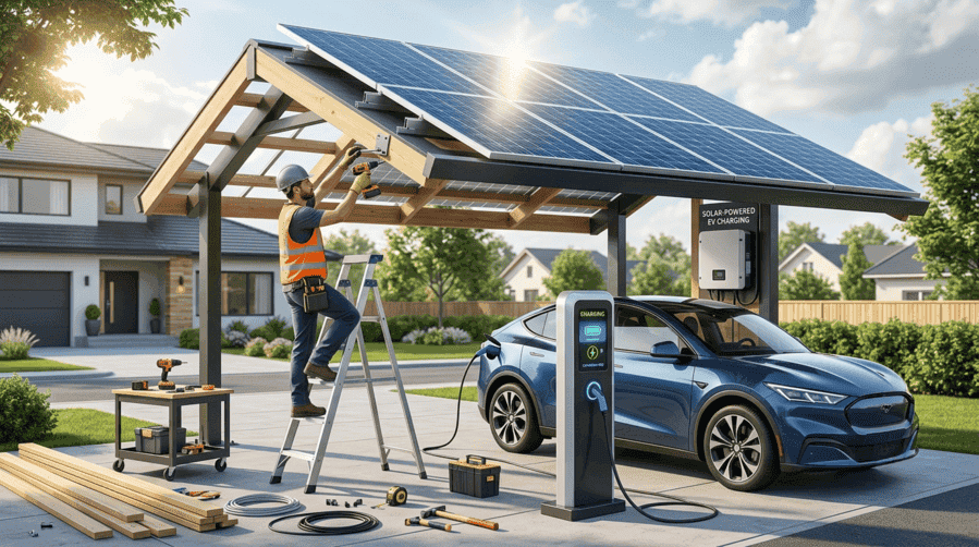 Electrician installing solar panels on a carport above an EV charging station