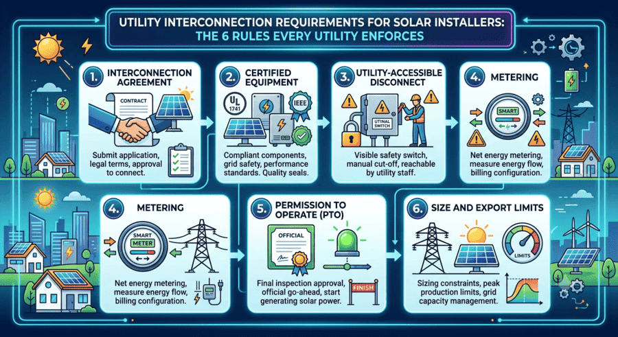 Utility Interconnection Requirements for Solar Installers infographic showing the six key utility requirements: interconnection agreement, certified equipment, utility-accessible disconnect, metering, permission to operate (PTO), and system size and export limits.