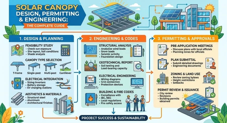 Infographic of the solar canopy design, engineering, and permitting process in three steps: design & planning, engineering & codes, permitting & approvals.