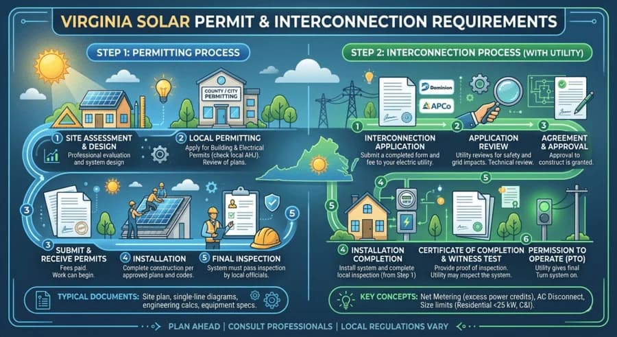 Virginia solar permit and utility interconnection requirements infographic