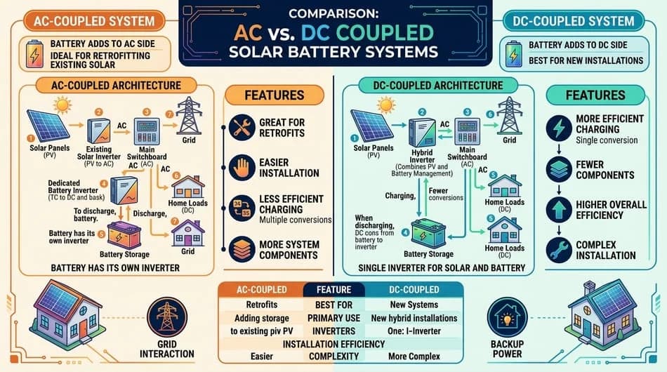 Infographic chart explaining whether to choose AC or DC coupled solar batteries