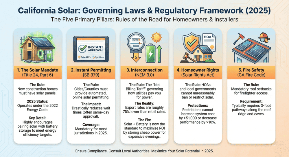California solar governing laws and regulatory framework 2025 showing five primary pillars: solar mandate Title 24, instant permitting SB 379, net metering NEM 3.0 interconnection, homeowner rights Solar Rights Act, and fire safety CA fire code requirements