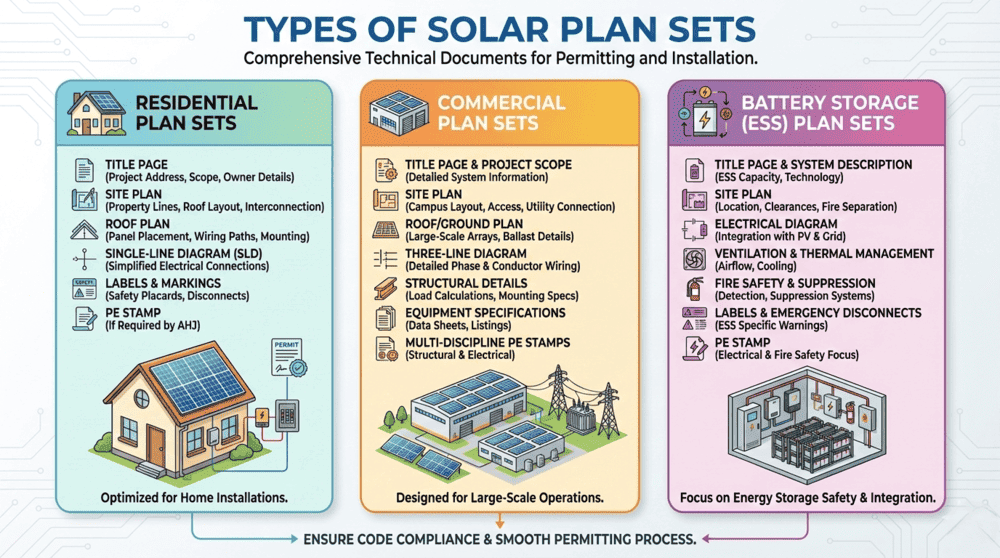 Types of solar plan sets comparison showing residential solar plan requirements, commercial solar permitting documents, and battery storage ESS plan components